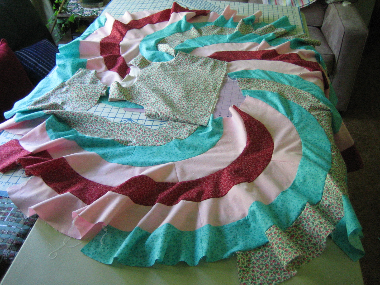 Spiral swirl skirt laid out before sewing together